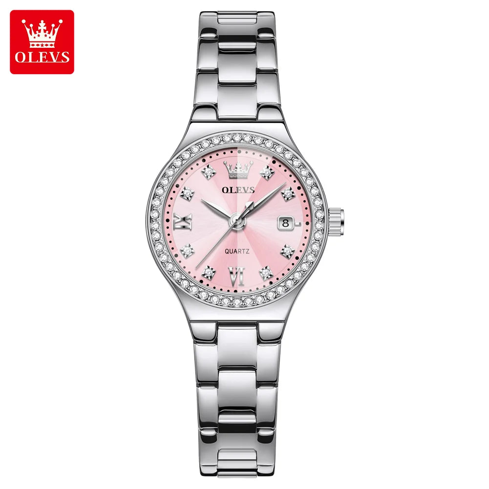 Reloj de cuarzo para mujer OLEVS, elegante y delicado, con espejo de rombos, bisel de diamantes de lujo, correa de acero, calendario, resistente al agua, modelo 5628