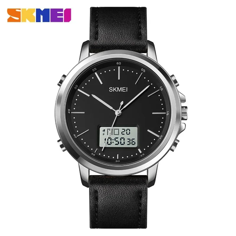 SKMEI 1652 Reloj impermeable con correa de cuero para hombre, reloj de pulsera digital, cronógrafo, alarma, pantalla dual, informal