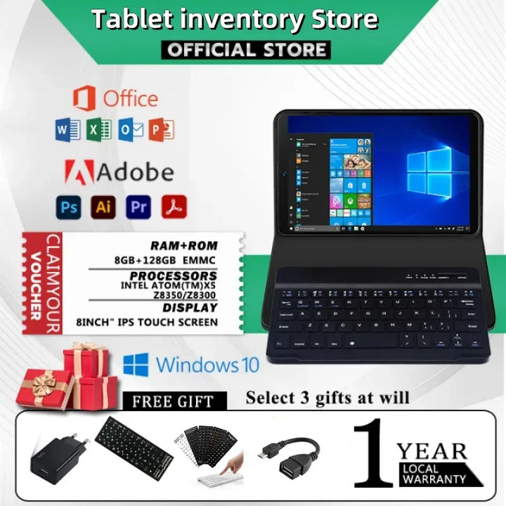 Tableta PC con Windows 10, pantalla de 8 pulgadas, modelo T10 AR3, procesador Z8350, 8 GB de RAM, 128 GB de ROM, batería integrada de 4000 mAh, doble cámara, procesador de cuatro núcleos, conexión Wi-Fi.