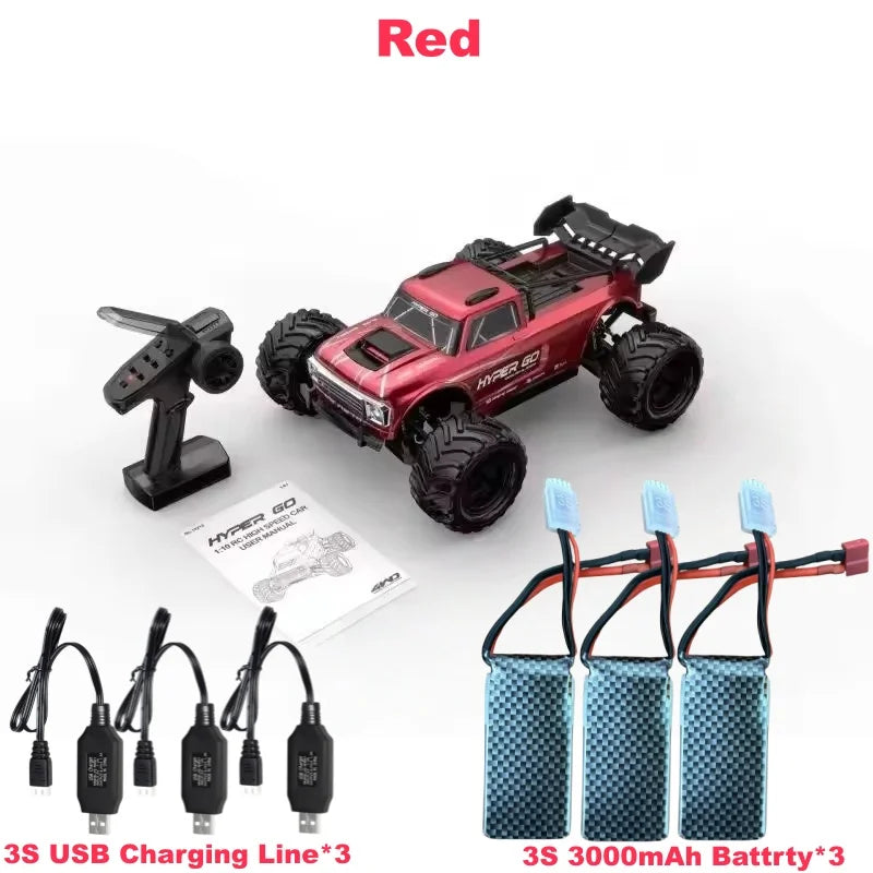 Coche RC todoterreno rojo 1:10 con control remoto, batería y cableado, ruedas grandes