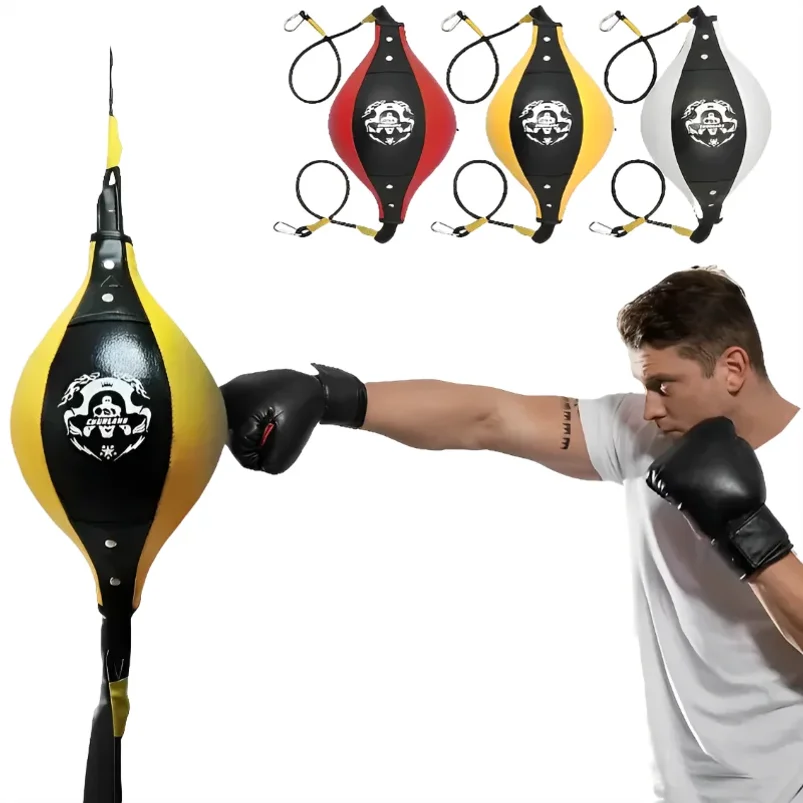 Saco de boxeo de cuero PU de calidad, velocidad inflable de pera, entrenamiento de doble extremo, bola refleja, colgantes, ejercicio giratorio, Fitness