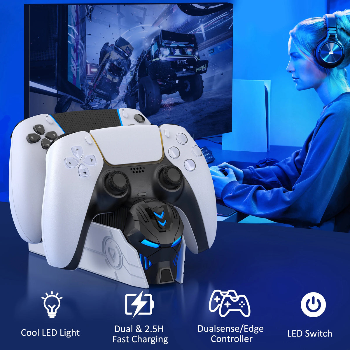 Base de carga rápida doble DinoFire para mandos inalámbricos PS5, soporte de carga para mandos DualSense de Sony PlayStation 5