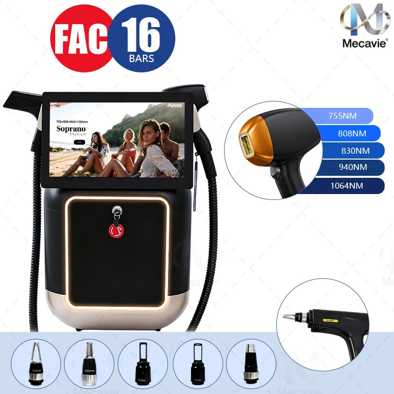 Máquina de Depilación Láser de Diodo 2 en 1 y Eliminación de Tatuajes por Picosegundos, 5 Longitudes de Onda 755 808 830 940 1064nm, Tecnología FAC, Enfriamiento por Hielo
