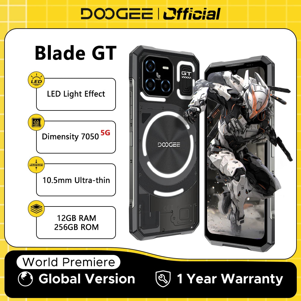 Teléfono robusto DOOGEE Blade GT, 10,5 mm ultradelgado, FHD de 6,72'' a 120 Hz, efecto de luz LED, 12 GB de RAM, 256 GB de ROM, batería de 5500 mAh, Android 14