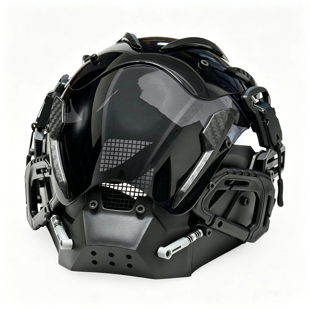 Máscara de estilo cyberpunk de inspiración científica y futurista, casco de cara completa que se puede llevar puesta, accesorio de disfraz para eventos, Halloween y sesiones de fotografía temáticas.