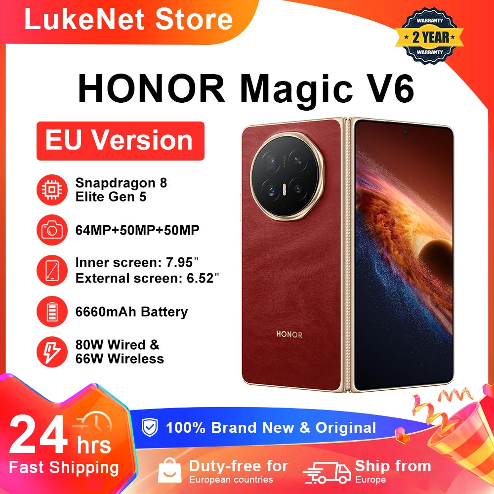 Smartphone HONOR Magic V6 Versión UE 5G, Snapdragon 8 Elite Gen5, batería de 6660 mAh, carga rápida SuperCharge de 80W, MagicOS 10, pantalla OLED de 7.95", IP69