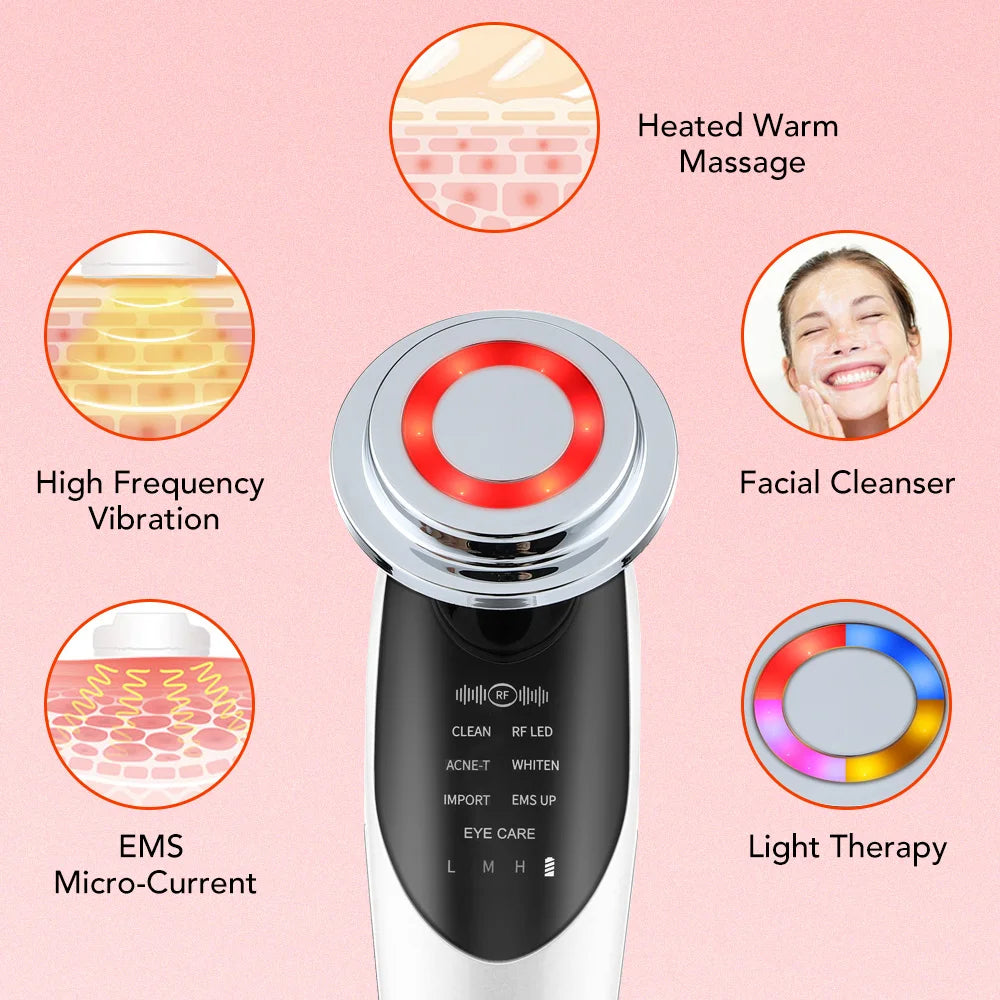 Dispositivo de Estiramiento Facial 7 en 1, microcorriente EMS, rejuvenecimiento de la piel, LED, masajeador reafirmante para el cuello, aparato de cuidado de belleza Facial