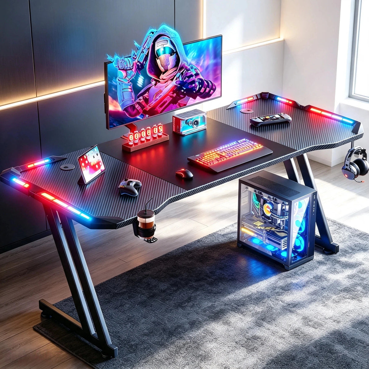 Escritorio para ordenador NEBMAAX con tablero de fibra de carbono y luces LED RGB