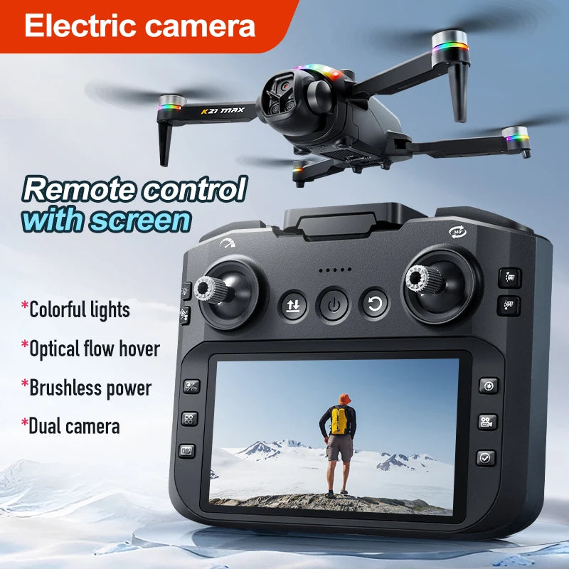 Dron plegable ZNLYRION K21MAX sin escobillas con mando a distancia con pantalla, EIS, doble cámara eléctrica, flujo óptico, luces LED de colores y RC Quadcopter