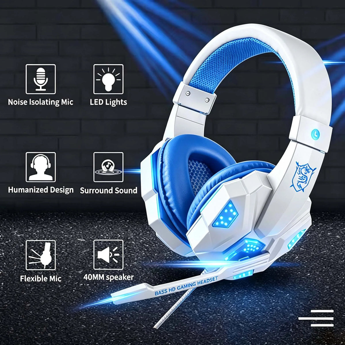 Auriculares para juegos con luz LED RGB, auriculares con micrófono de baja latencia, auriculares para juegos con cable de 3,5mm para ordenador, PS4, PS5, Xbox, auriculares estéreo con graves