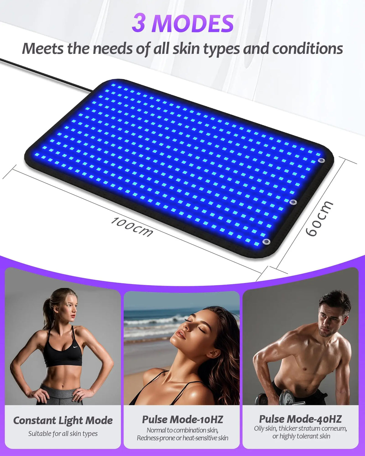 Jitesy - Alfombrilla para Lámpara de Bronceado de 100*60cm, 360 LED, Luz Azul, 460+490nm, 2 Modos: Constante y Pulsante, para Solárium
