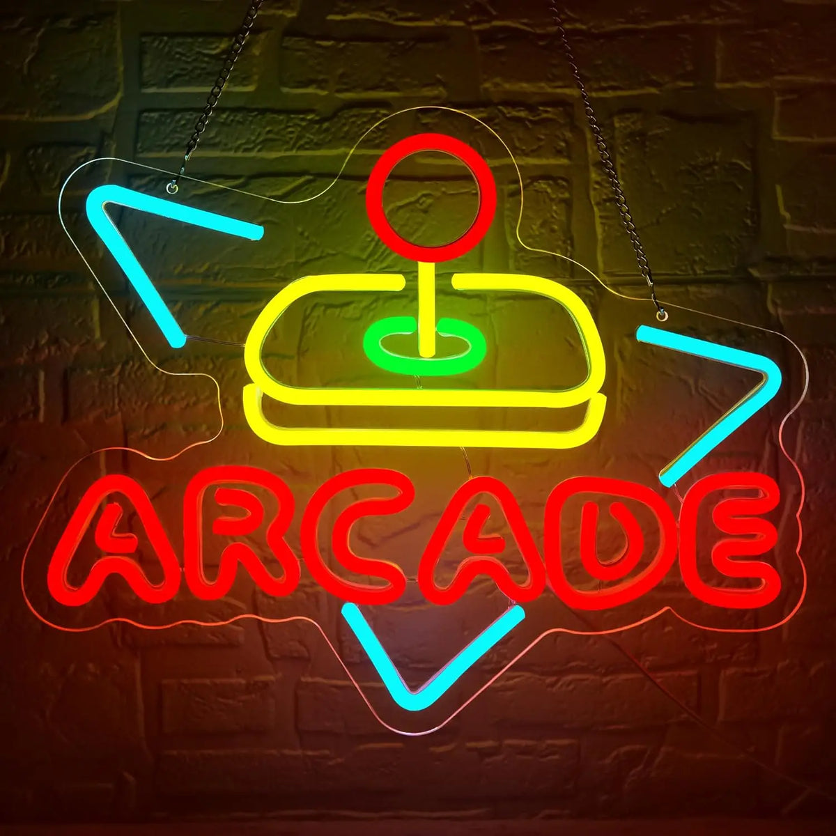 Letrero LED neón “ARCADE” con dispositivo retro, colores rojo, azul y amarillo.