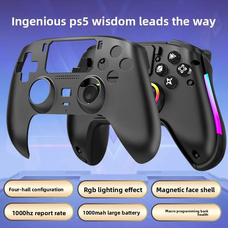 Mando negro con joysticks con aro RGB, botones y gatillos, carcasa frontal texturizada
