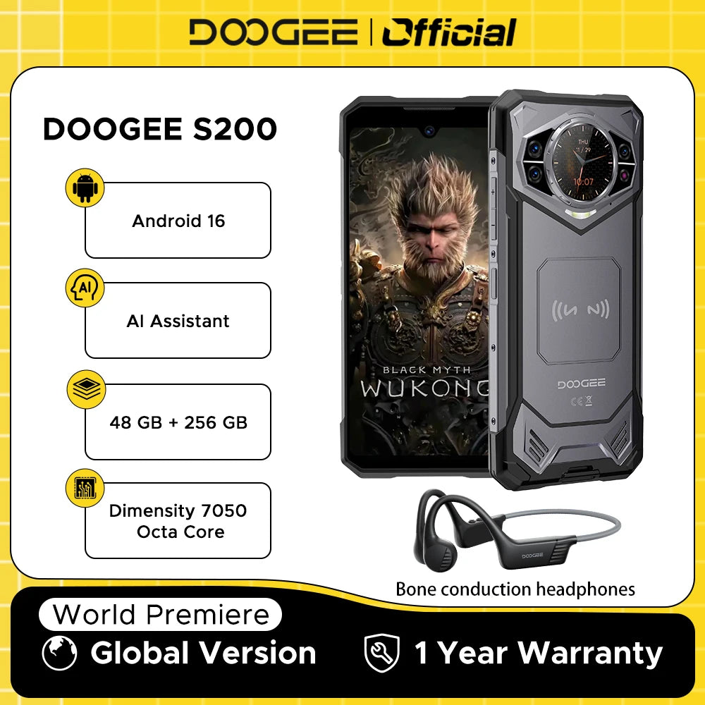 Estreno mundial del teléfono resistente DOOGEE S200 5G, pantalla de 6,72" a 120Hz, 48GB de RAM, 256GB de ROM, cámara principal IA de 100MP, 10100mAh, Android 16, NFC