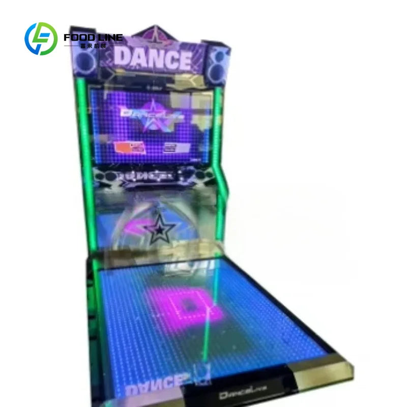 Máquina simuladora de baile con pantalla y alfombra LED morada/azul