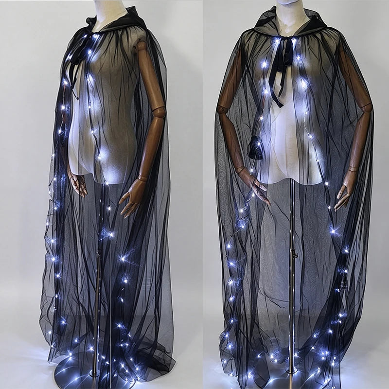 Capa de Tul con Capucha y Luces LED, Capa Larga Brillante, Disfraz de Bruja para Halloween, Cosplay, Carnaval, Fiesta Rave, Actuación en Escenario