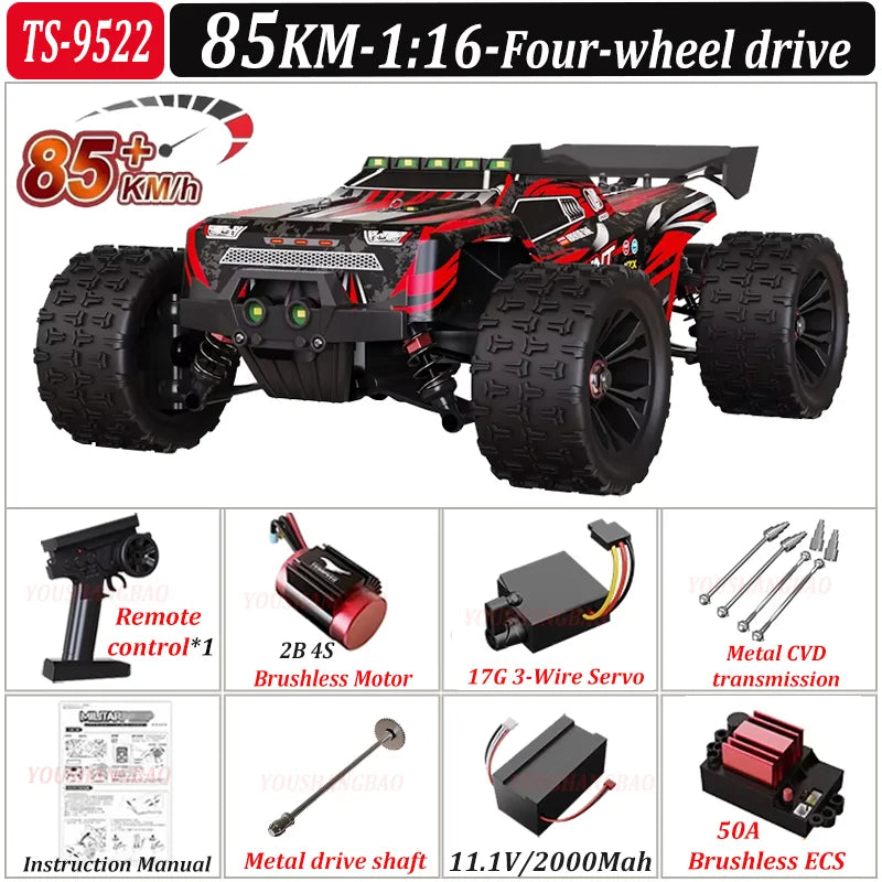 Coche de control remoto de alta velocidad 9522PRO con tracción en las cuatro ruedas sin escobillas, 85 km/h, para derrapes todoterreno, coche de carreras 9522 1:16, 50 km/h, juguete para niños