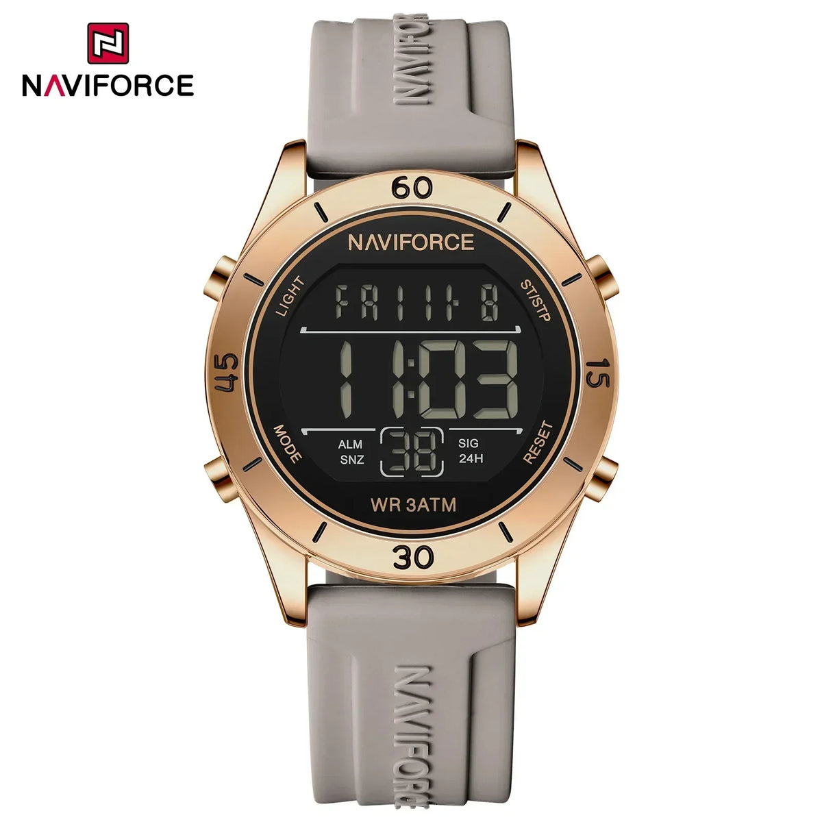 Reloj digital electrónico de moda para mujer NAVIFORCE con cronógrafo LED, luminoso, resistente al agua 5ATM y correa de silicona deportiva