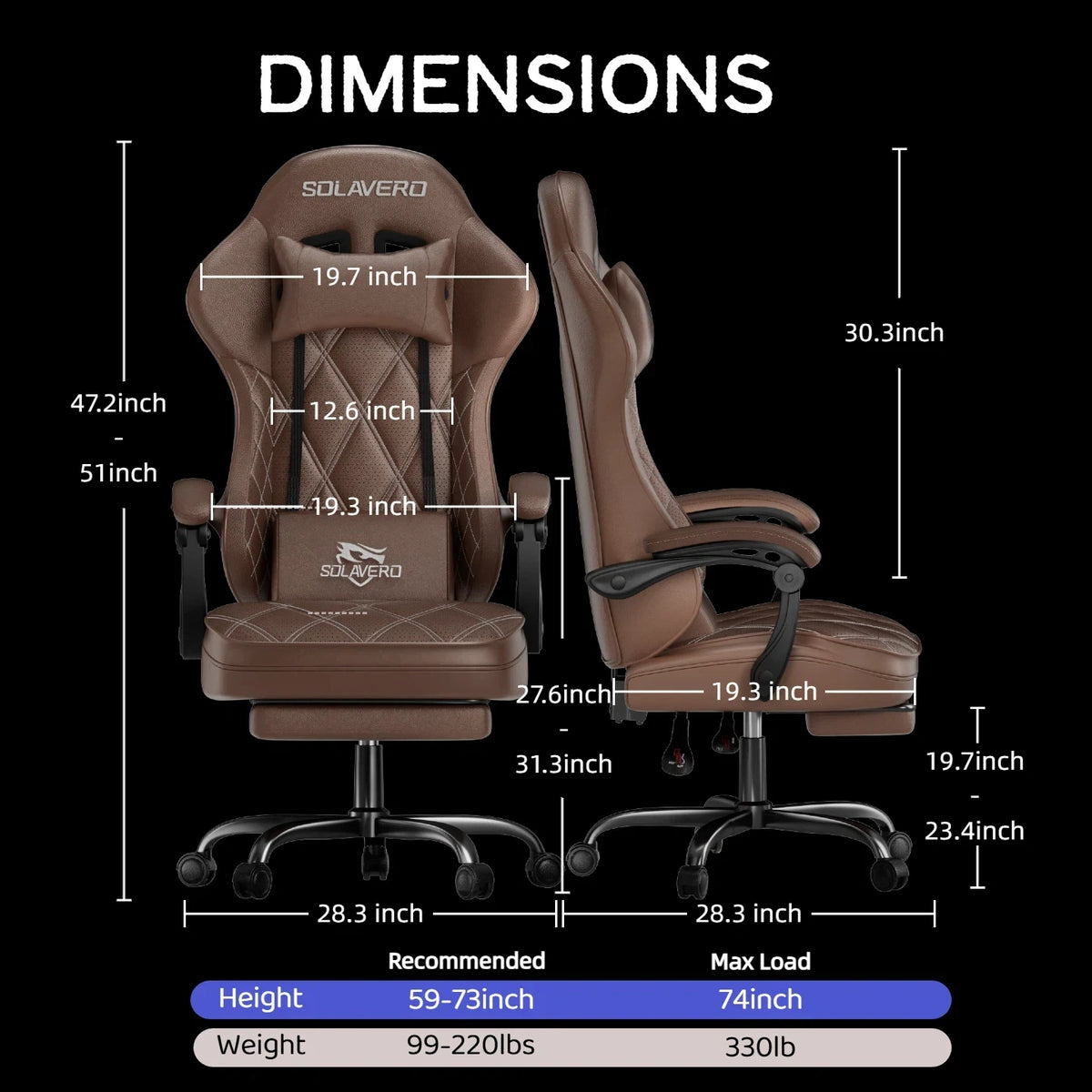 Silla gaming marrón con reposacabezas acolchado, base giratoria y reposapiés