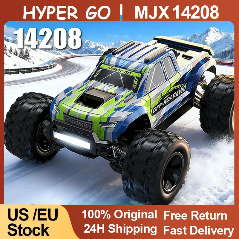 Coche RC todo terreno 4WD azul y verde con ruedas grandes y luces LED delanteras