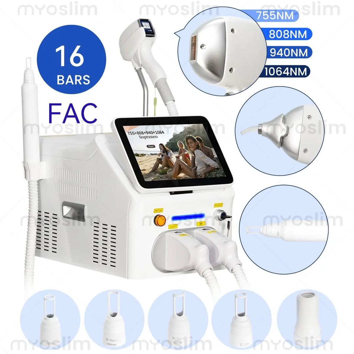 Dispositivo láser de diodo picosegundo FAC 6000W Soprano 2 en 1 de 4 longitudes de onda 755 808 940 1064nm para la reducción permanente del vello y la eliminación de tatuajes