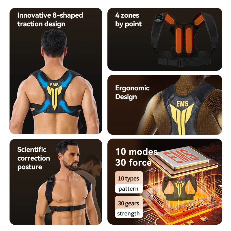 Estimulador muscular eléctrico EMS, masajeador para aliviar el estrés con vibración para espalda y hombros, tóner muscular inteligente, postura corporal correcta, carga USB