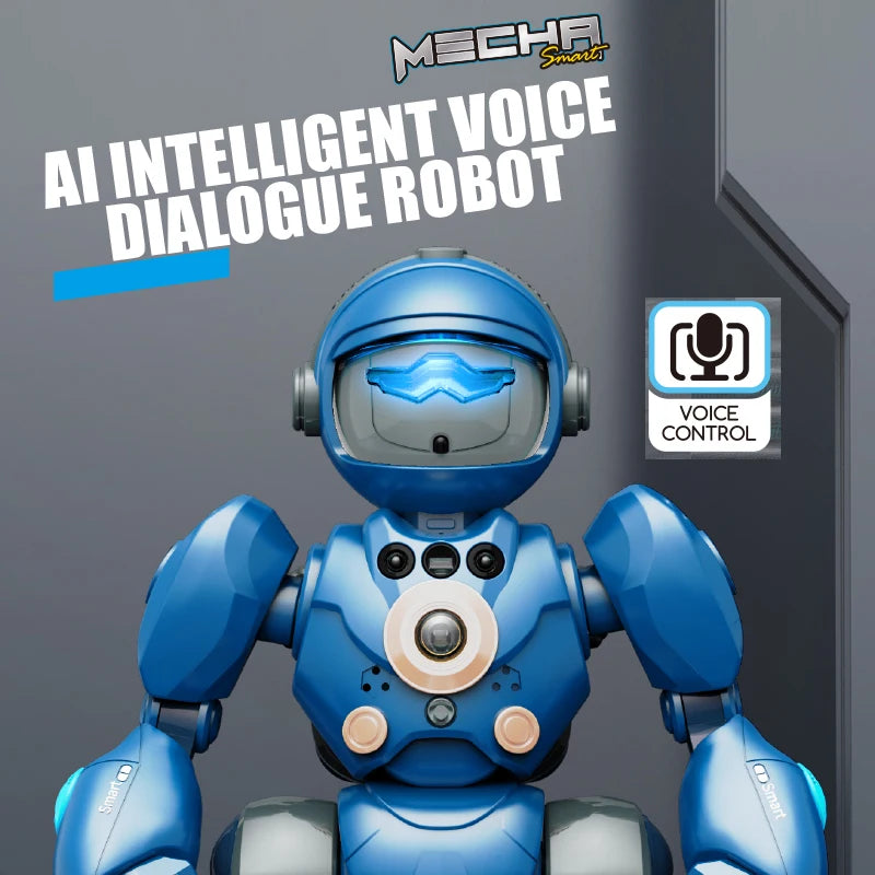 Robot azul de voz con visor luminoso y botones, vista frontal con manos articuladas