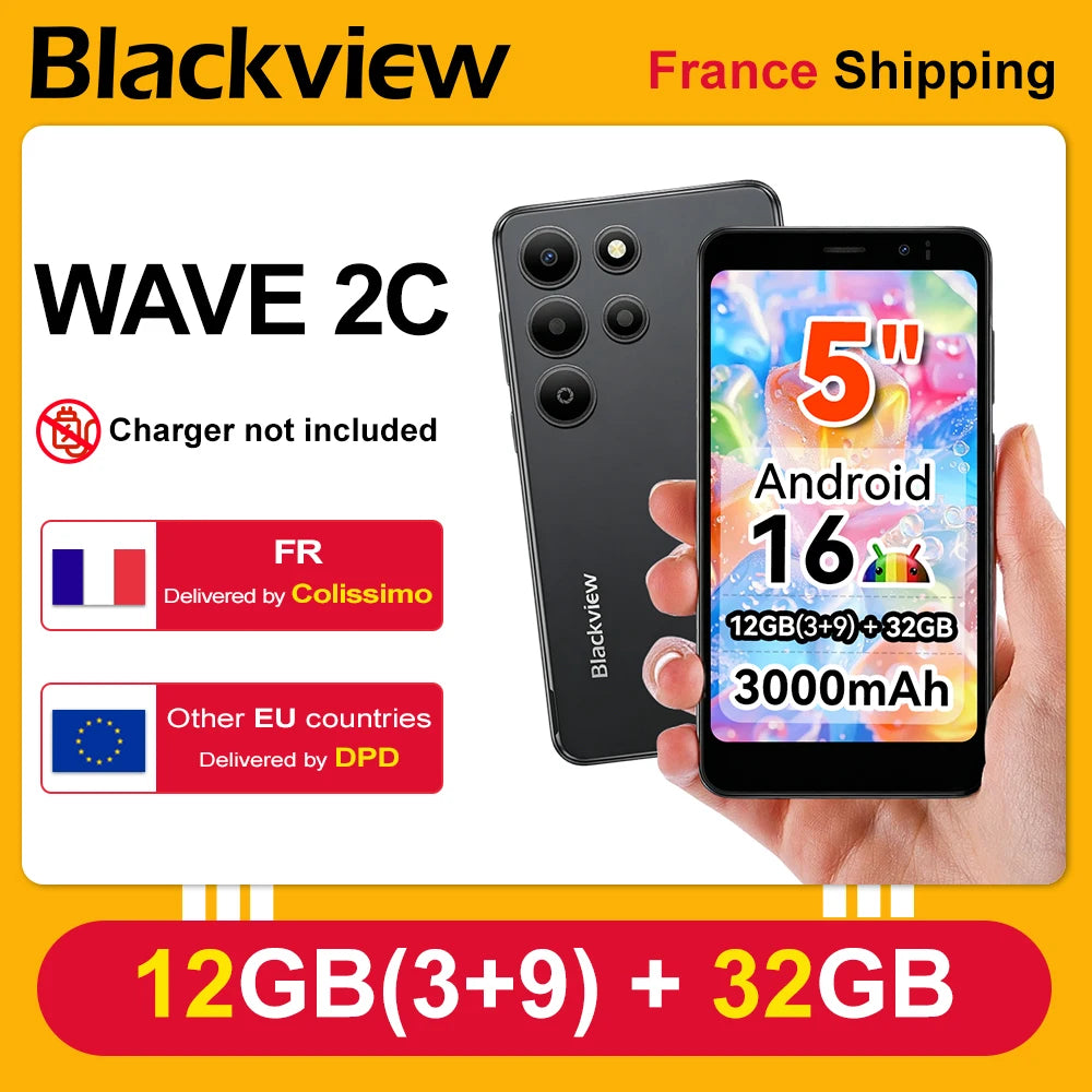 Blackview WAVE 2C Mini Palm Smartphone, 12GB Expand RAM(3GB Physical+9GB Virtual RAM) 32GB ROM, 5 Inch Small Screen, 3000mAh Battery, 1080P Video Recording, Android 16, Face Unlock, Google Lens, Free Soft TPU Protective Case