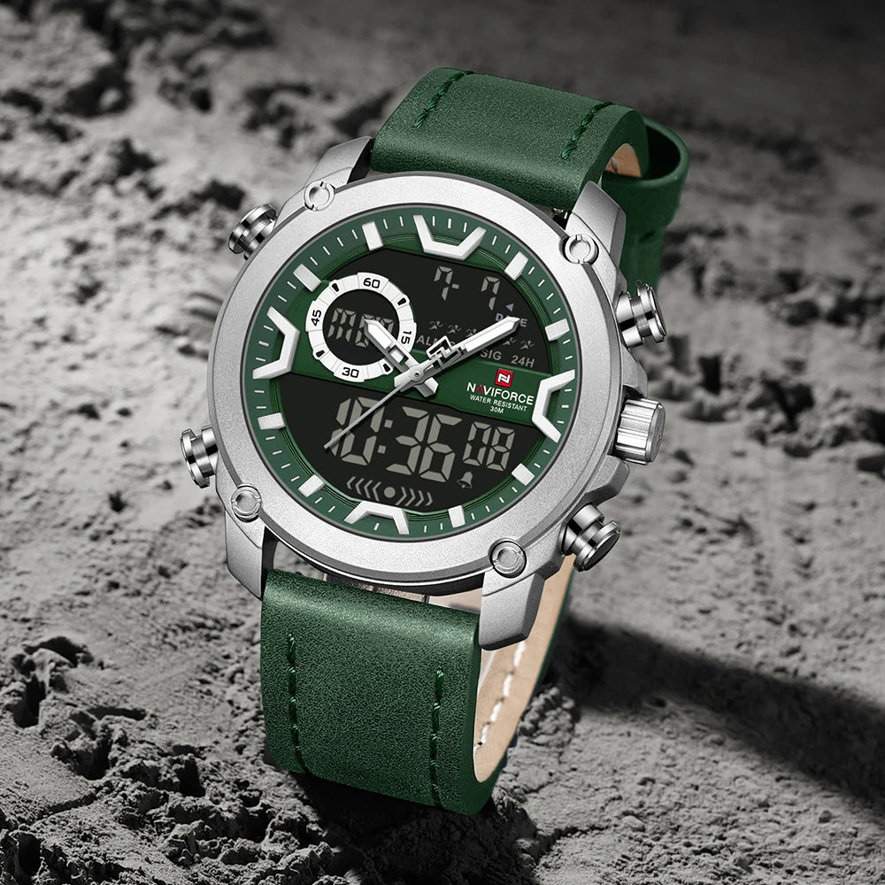 NAVIFORCE Sport Watches for Men Strong Luminous Dual Display Waterproof Genuine Leather Quartz Wristwatch Relogio Masculino