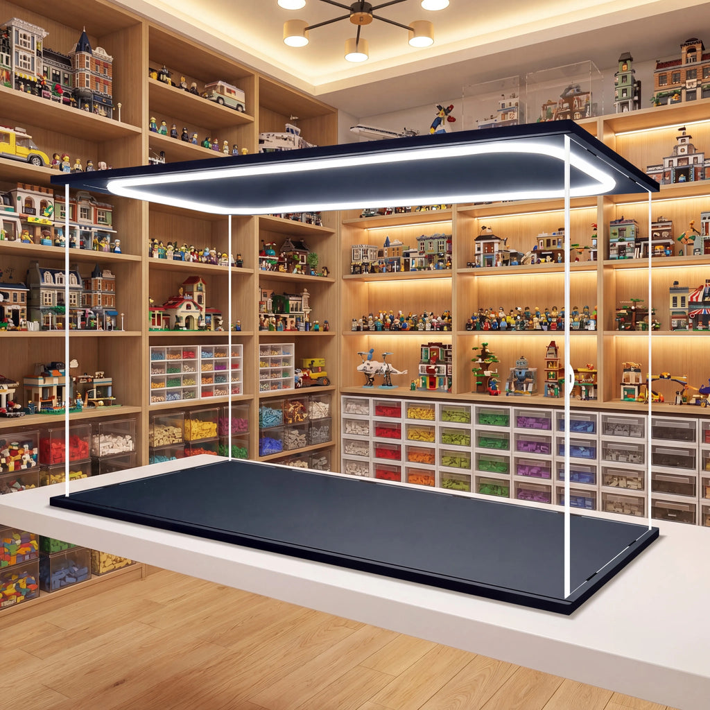 Vitrina de acrílico transparente premium con luz empotrada, varios tamaños disponibles, compatible con minifiguras de Lego y figuras de acción