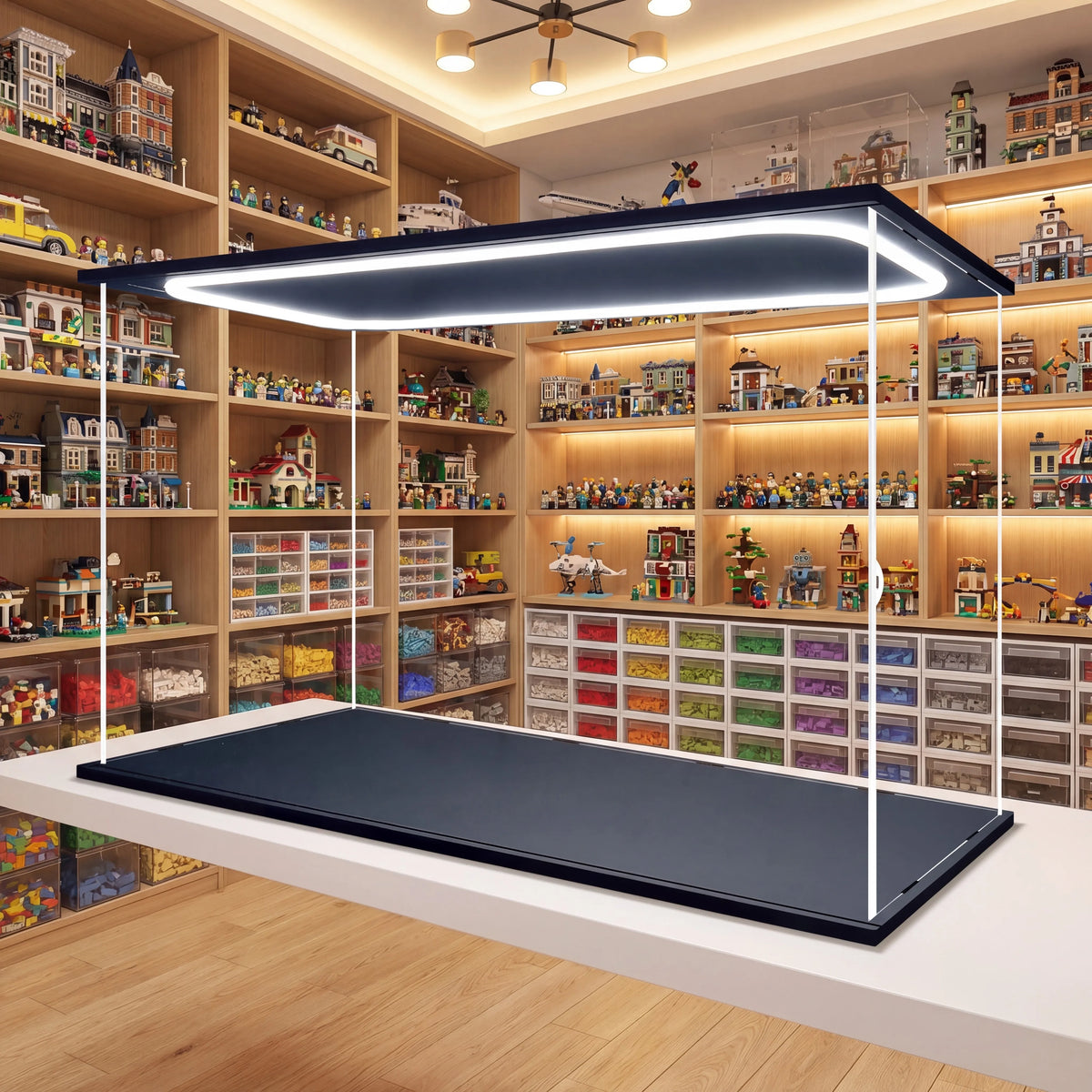 Vitrina de acrílico transparente premium con luz empotrada, varios tamaños disponibles, compatible con minifiguras de Lego y figuras de acción