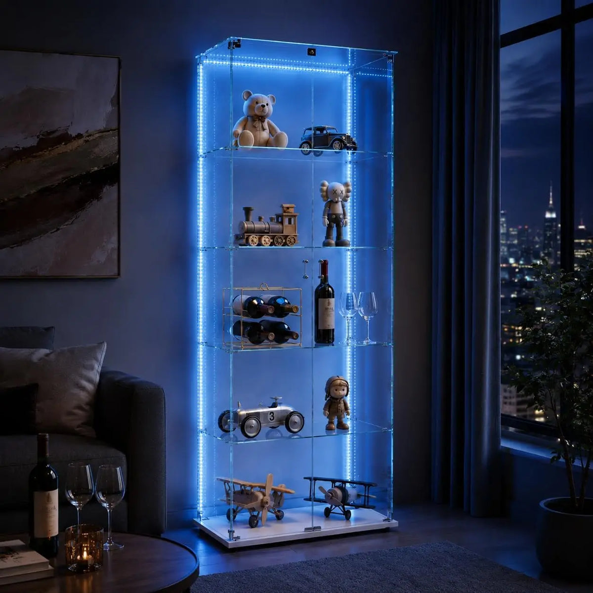 Vitrina de cristal con iluminación LED, vitrina expositora con 5 estantes de vidrio y 2 puertas de vidrio templado, mueble vitrina, para salón, oficina, coleccionables, libros, vino