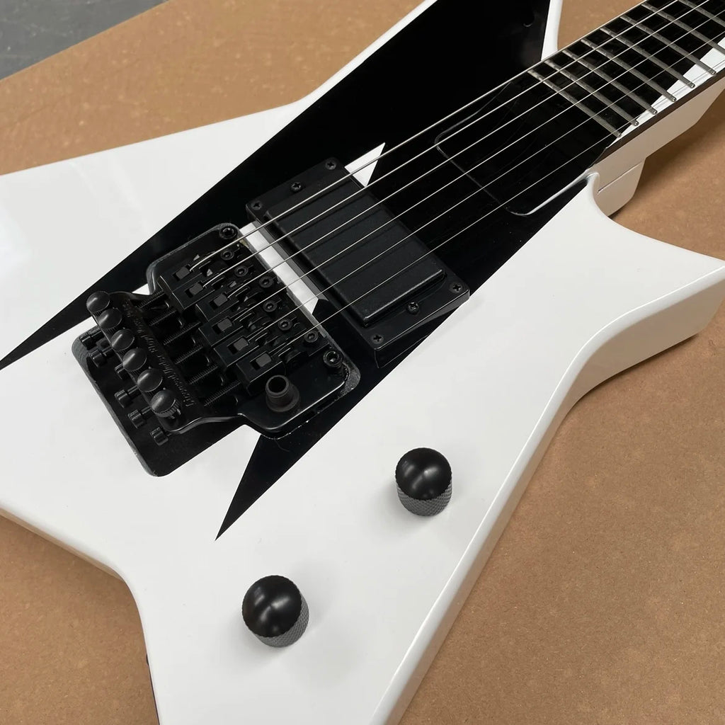 Guitarra eléctrica personalizada blanca de 6 cuerdas con pastillas de doble bobina y herrajes negros. Guitarra suave y fácil de tocar