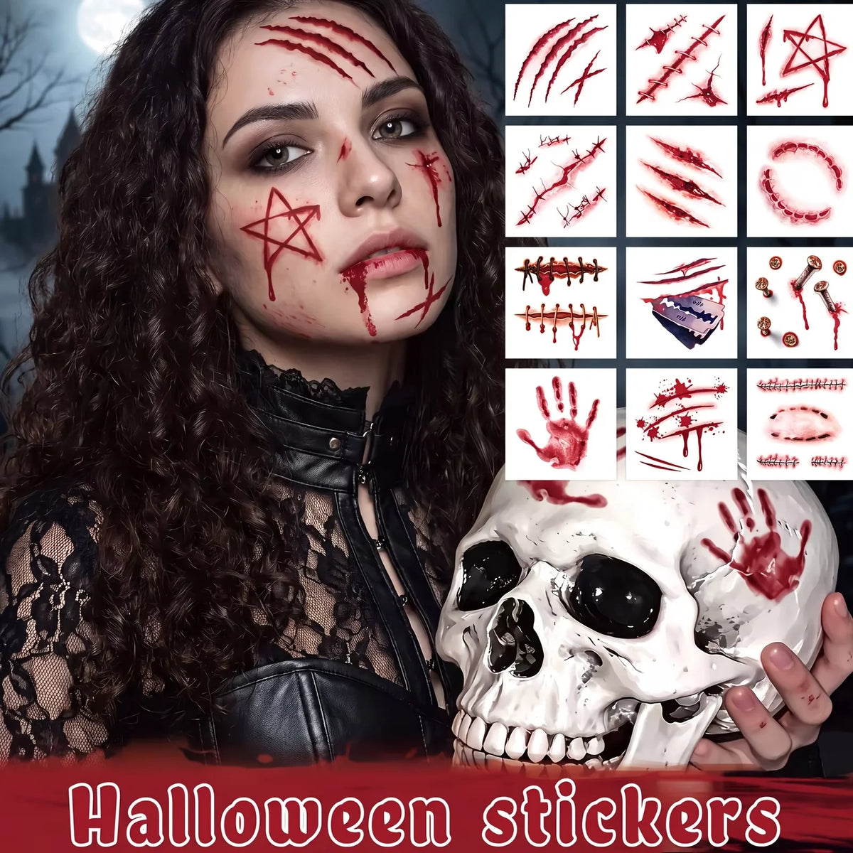 EYIR Kit de Maquillaje SFX Especial Halloween con Spray de Sangre Falsa Gel de Costra Pegatinas de Heridas 3D Esponja para Cosplay Maquillaje de Terror