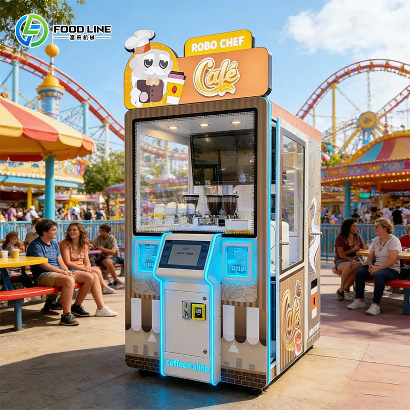 Máquina expendedora robótica de café, cabina blanca con luces azules y letrero “Robo Chef”.