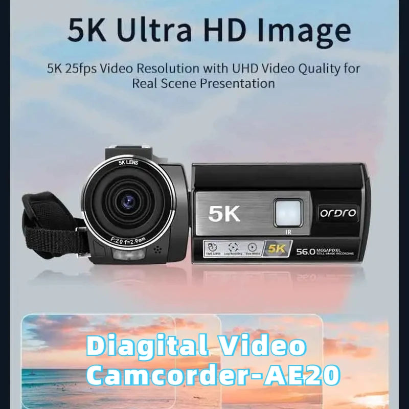 Videocámara Digital AE20 con Pantalla Táctil de 3.0 Pulgadas, Videocámara Digital 5K con Visión Nocturna Infrarroja, Cámara para Vlogs para YouTube/Vlog