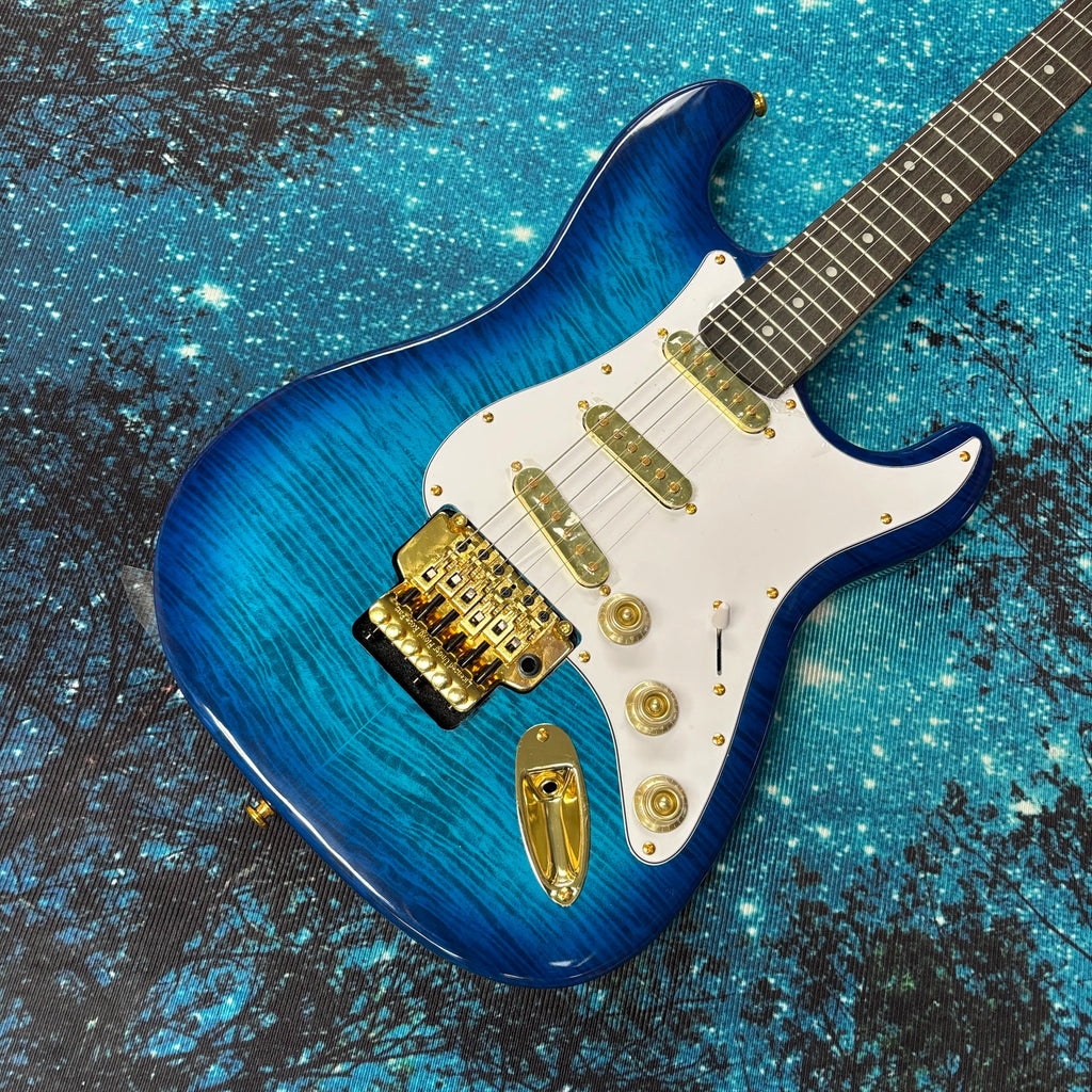 Guitarra eléctrica azul, guitarra con diapasón de palisandro, guitarra eléctrica con pastillas SSS