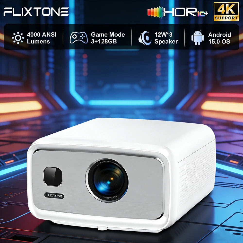 Proyector Flixtone D10S, 4000ANSI Lúmenes, Alto Brillo, Full HD 1080P, Decodificación 4K HDR MEMC, Cine en Casa, Android 15.0, Smart TV, Beamer