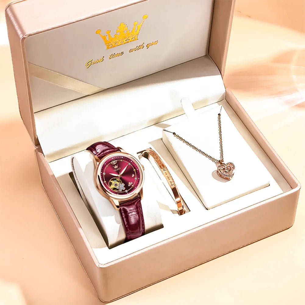 Relojes OLEVS para mujer, reloj mecánico automático original de lujo a la moda, con pulsera y collar en caja de regalo, tendencia nueva
