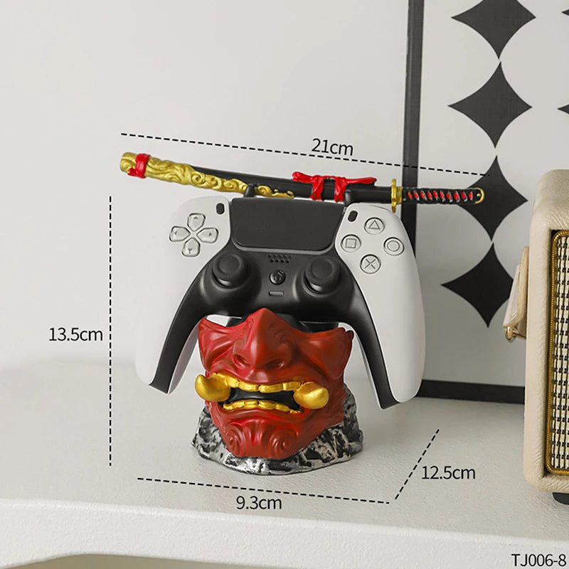 Soporte para gamepad con control blanco y figura dragón roja, con medidas