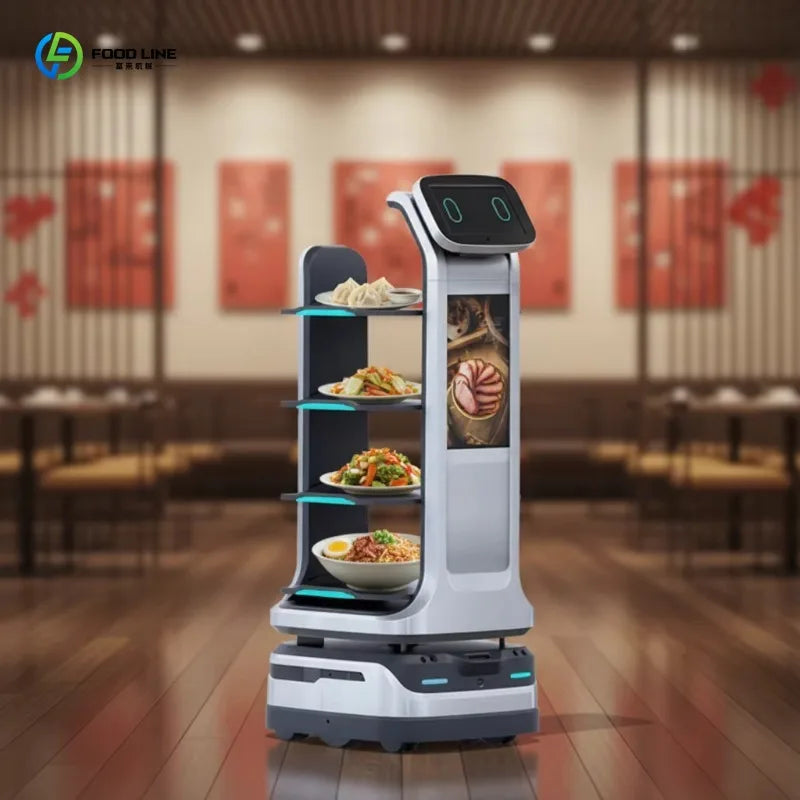Robot de reparto autónomo con pantalla superior y cuatro niveles de bandejas