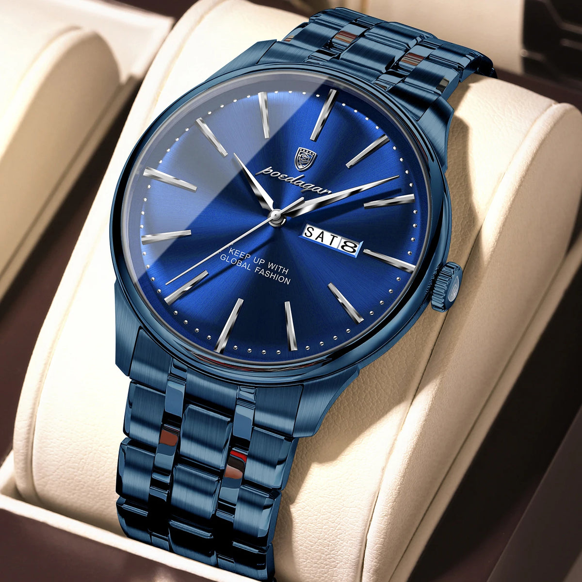 Reloj de cuarzo POEDAGAR para hombre, estilo ejecutivo, resistente al agua, de acero inoxidable, elegante, color dorado, con fecha y día