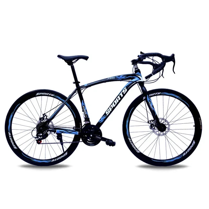 Bicicleta de carreras de 26 pulgadas con cuadro de acero al carbono, 21 velocidades, manubrio curvo, doble freno de disco y rines de 60 mm para adultos