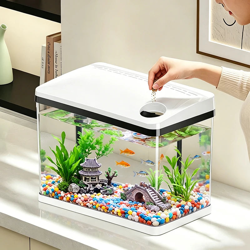 Mini pecera para peces betta, acuario de escritorio ecológico para sala de estar, tanque para mascotas pequeñas, pecera de plástico transparente con tapa