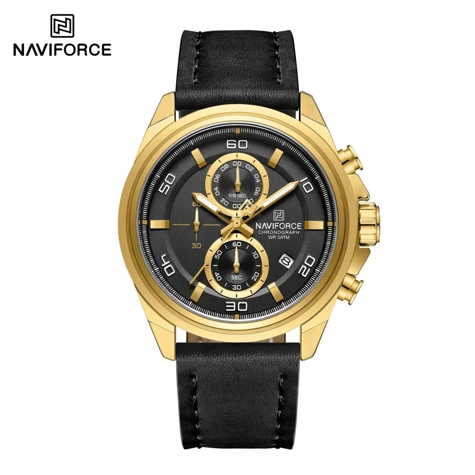 Reloj de pulsera para hombre NAVIFORCE, original, de negocios, de lujo, con correa de cuero, cronógrafo deportivo, resistente al agua 3ATM, de cuarzo