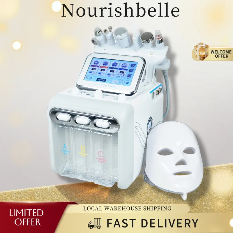 Máquina facial de oxígeno y agua 7 en 1 Nourishbelle, máscara de terapia con luz LED, limpieza profunda con hidrodermoabrasión — enchufe europeo, envío rápido desde Alemania.