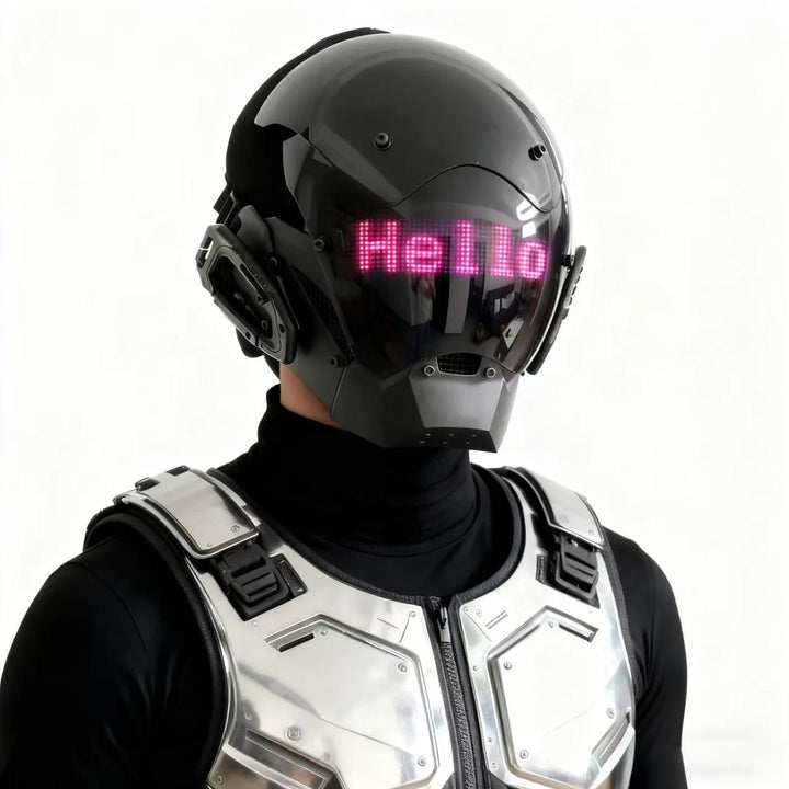 Máscara de casco LED de estilo cyberpunk con pantalla integrada, controlable mediante aplicación, diseño tecnológico de cobertura total para Halloween, fiestas de disfraces, festivales de música.
