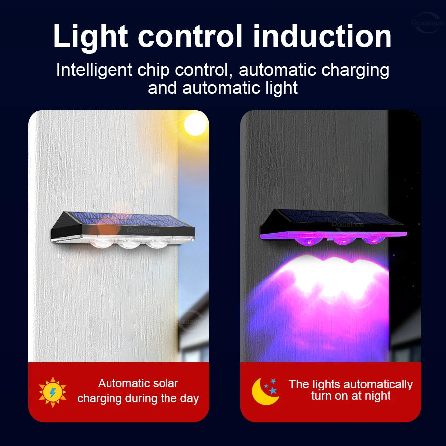 Luces solares superbrillantes, luces LED solares para escalones RGB y blanco cálido, luces para pared y valla de exterior, lámparas solares decorativas con impermeabilidad IP65