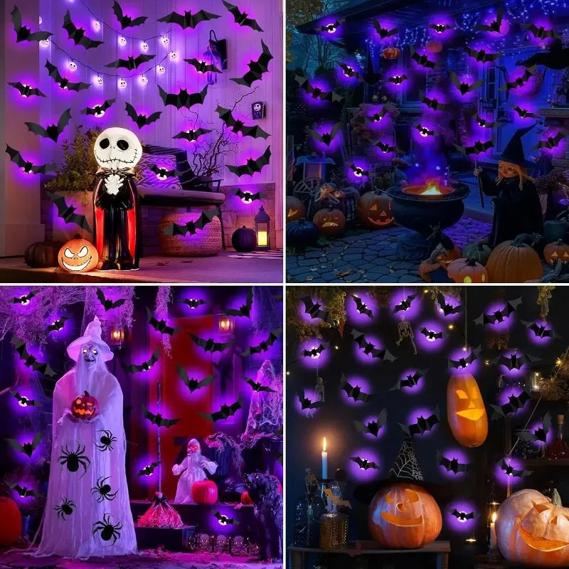 Decoración de Murciélagos 3D para Halloween, Adhesivo de Pared con Luz Púrpura/Sin Luz, Luz Nocturna de Murciélagos para Fiesta de Halloween, Decoración Espeluznante, Artículos Festivos
