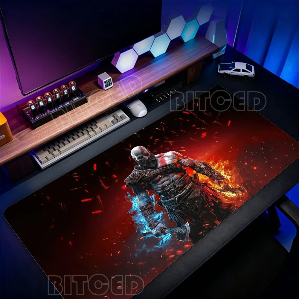 Alfombrilla de escritorio para teclado de ordenador, diseño de God of War Kratos, alfombrilla de ratón gaming grande, caucho natural, bordes cosidos, base antideslizante, alfombrilla de escritorio.